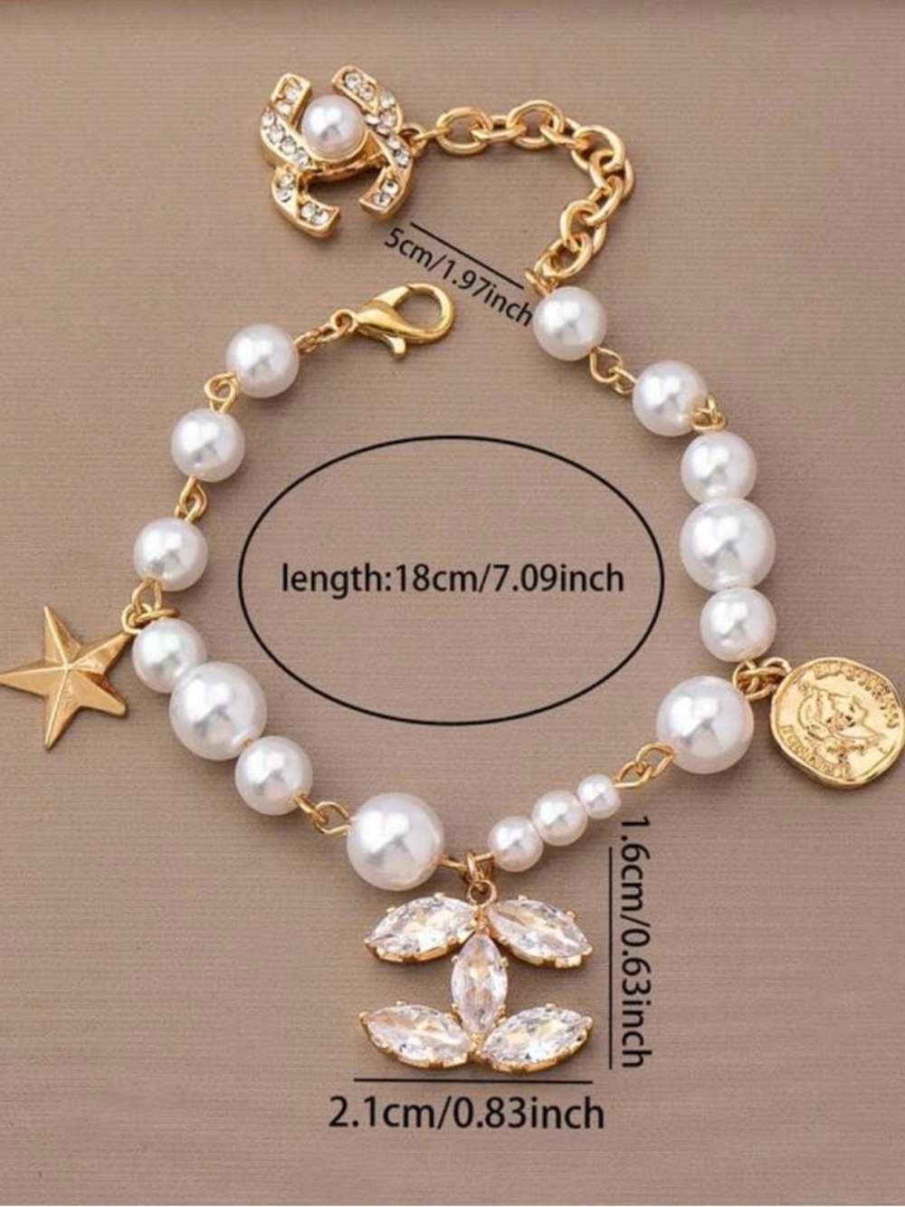 Gold and Pearl Charm Bracelet with Crystal Pendant - Picture 2 of 2